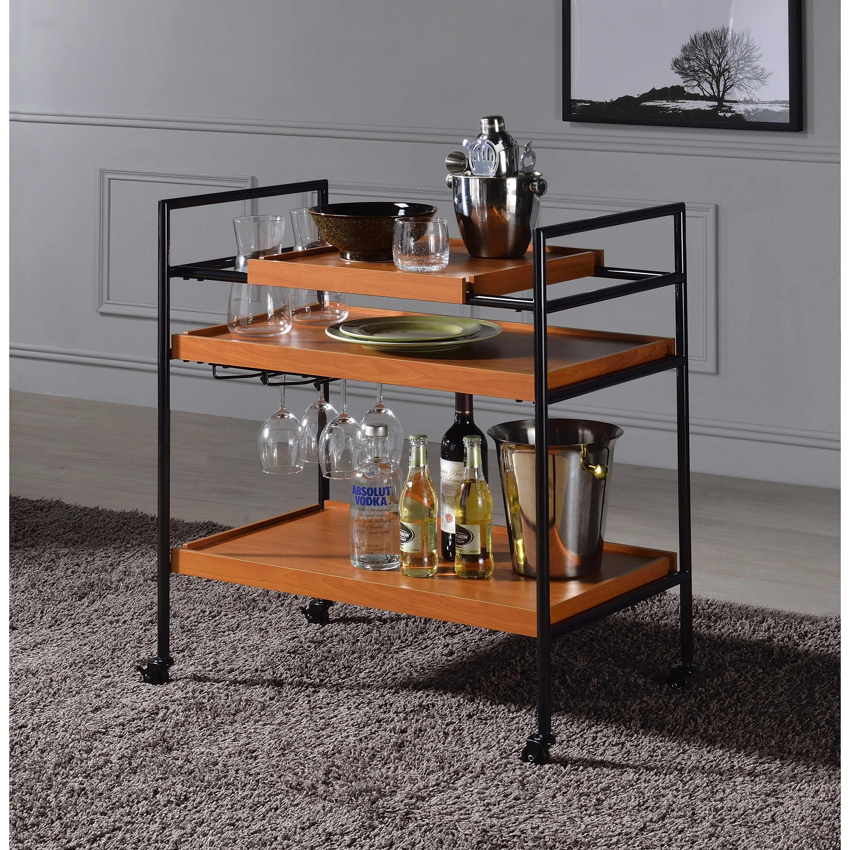 Oaken Honey Oak & Black Finish Serving Cart(no include stool)