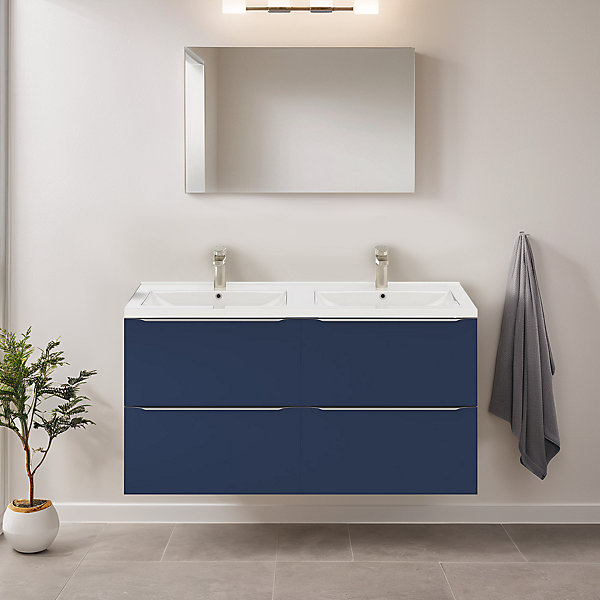 Meuble vasque suspendu bleu nuit mat l.120 cm Imandra   plan double vasque blanc céramique Nira, GoodHome