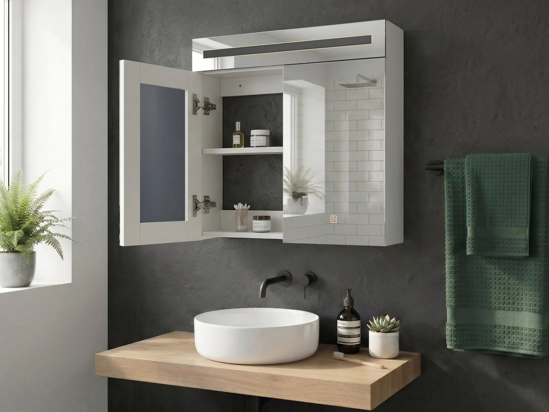 Bathroom Wall Mounted Mirror Cabinet LED JARAMILLO 60 cm 60 cm White