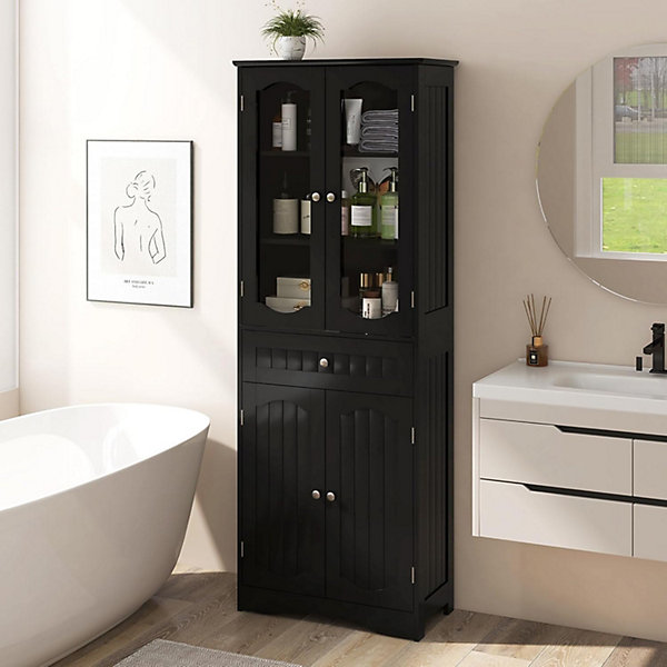 Armoire Hautede Salle de Bain 160 CM,Portes en Verre, étagères Réglables,Grand Tiroir,pour Cuisine, Salon, 60x30x160cm (Noir)