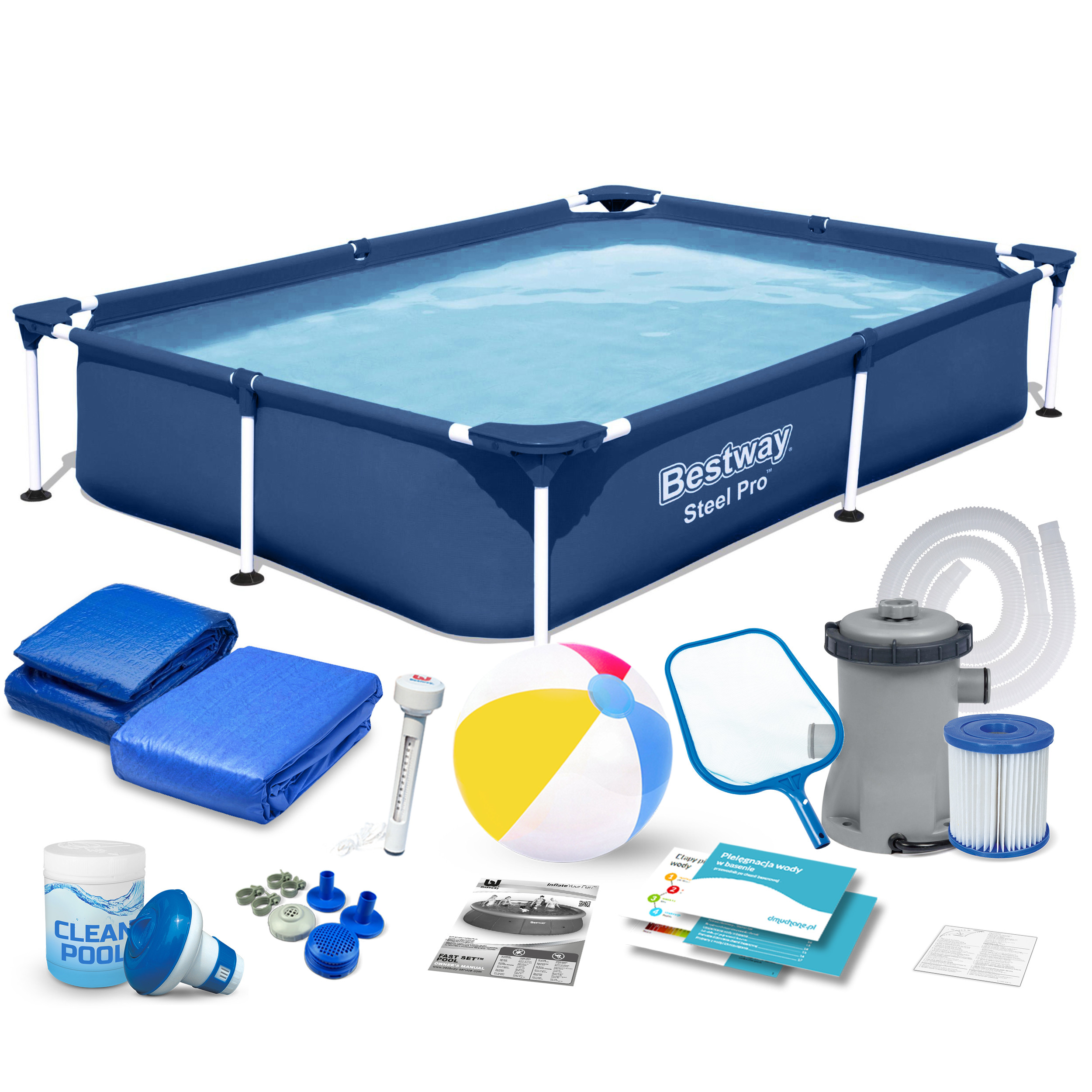 Basen ogrodowy stelażowy Bestway 221x150x43cm zestaw 15w1