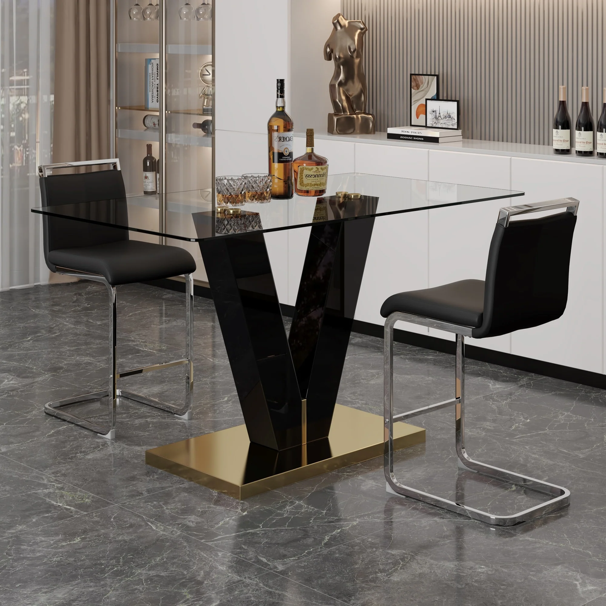 Modern Style Dining Set with Rectangular Tempered Glass Table and PU Upholstered Chairs