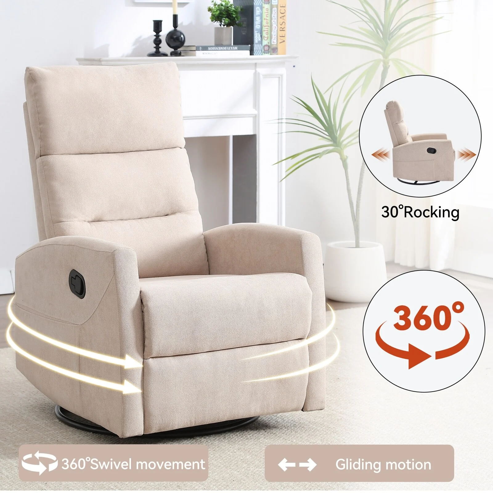 Swivel Rocking Recliner Chair with 155° Recline and Tool-Free Assembly
