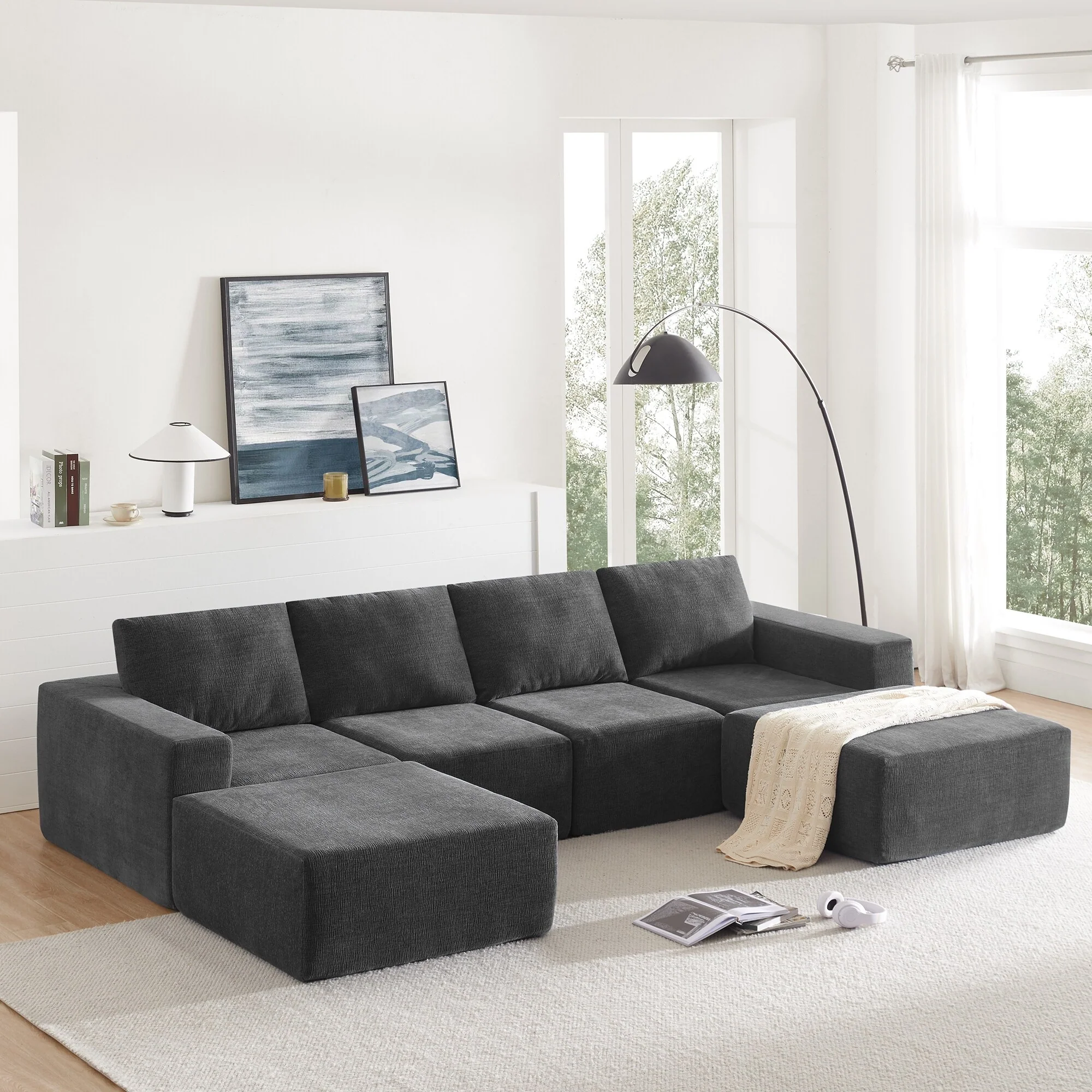 Modern Modular Sofa with Full Sponge Structure and Boucle Upholstery for Living Room or Guest Room,No Assembly