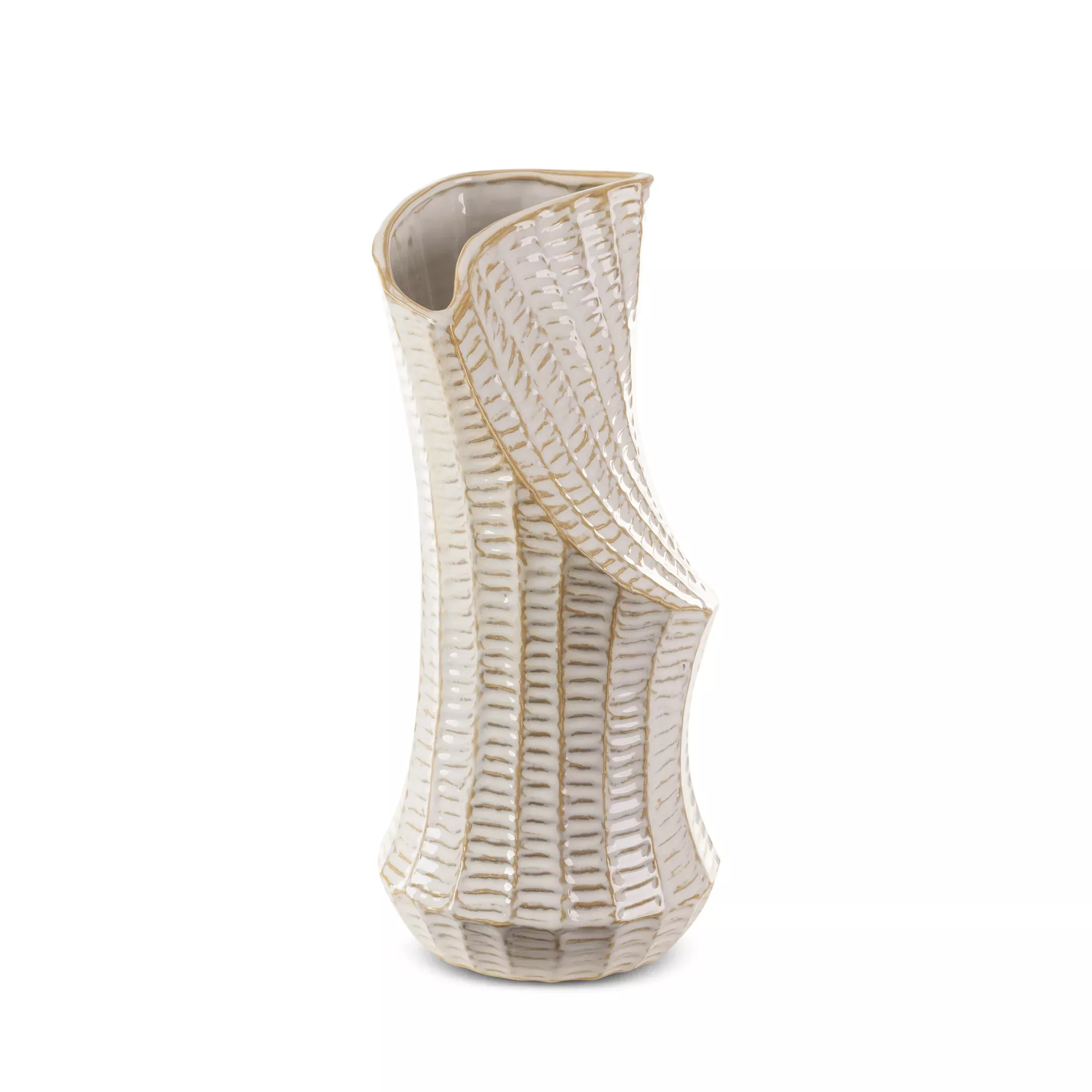 Wazon ceramicznykremowo-złoty z wytłaczanym wzorem o ściętym kształcie18x18x40 cm LIZA