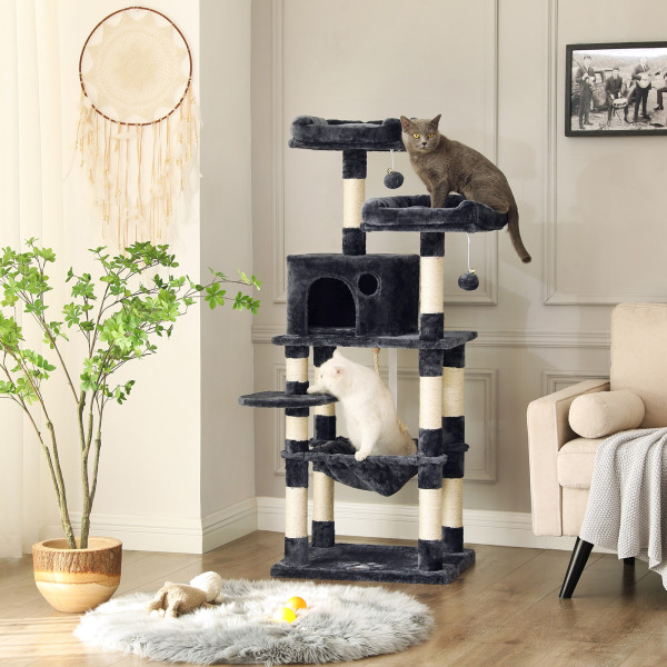 Stabilny Drapak dla Kota 143 cm z Platformami Hamakiem i Zabawki Szary