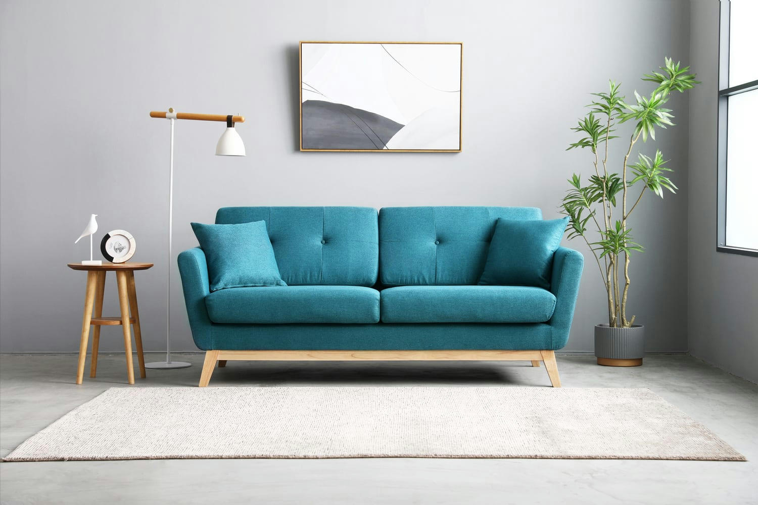 HOGA - Canapé scandinave 3 places et 2 coussins en tissu bleu canard