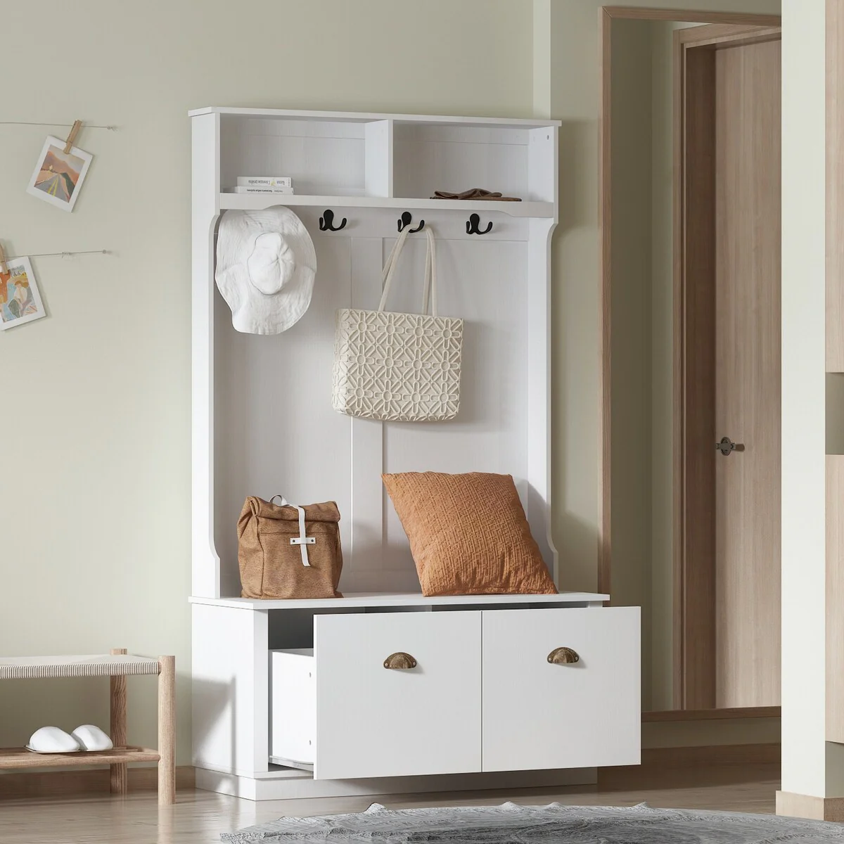 2-in-1 Entryway Hall Tree with Storage Bench Coat Racks 4 Hooks Wooden Seat Space Saving Simple - N/A