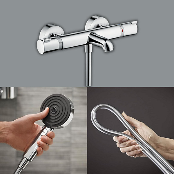 Pack mitigeur bain thermostatique HANSGROHE EcostatComfort   Flexible Isiflex 1,6m   Pommeau Pulsify Select EcoSmart 3 jets chromé