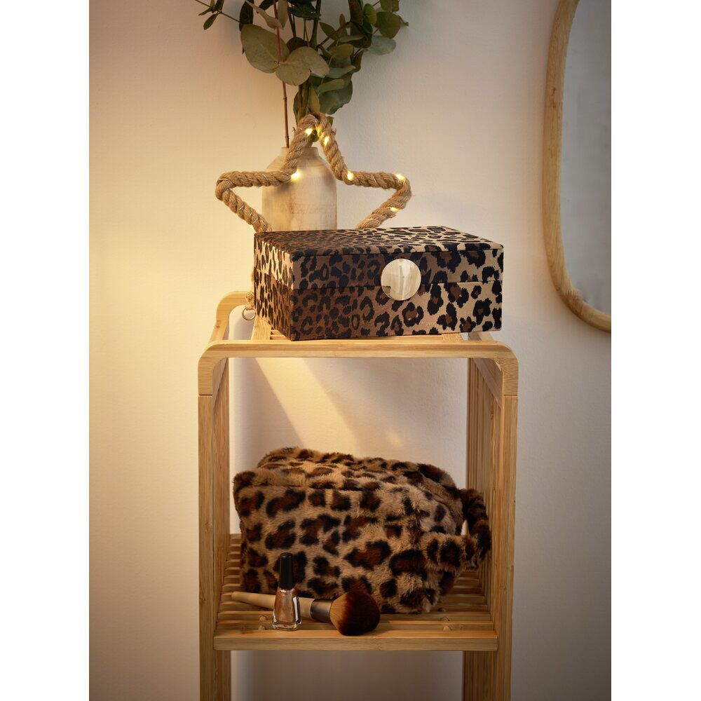 BoÎte à bijou en bois intérieur blanc extérieur léopard polyester 17,5x23,5cm