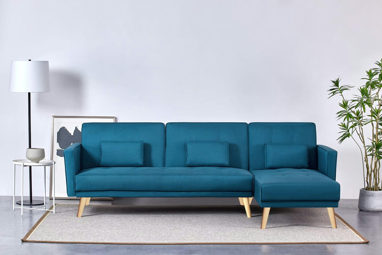 GRACE - Canapé d'angle réversible et convertible 4 places en tissu bleu canard