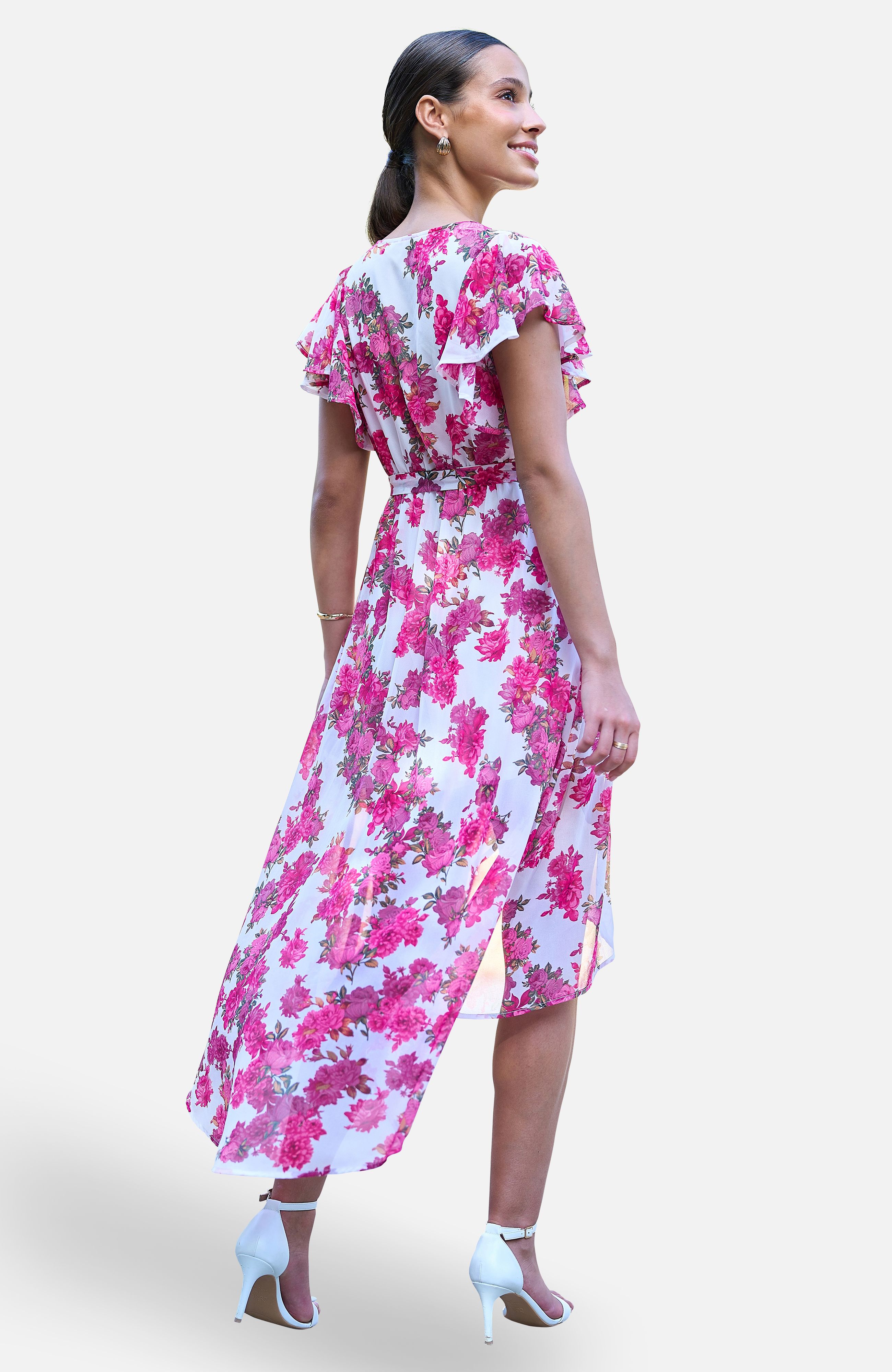 Yumi Ivory Floral Wrap Dress With Dipped Hem
