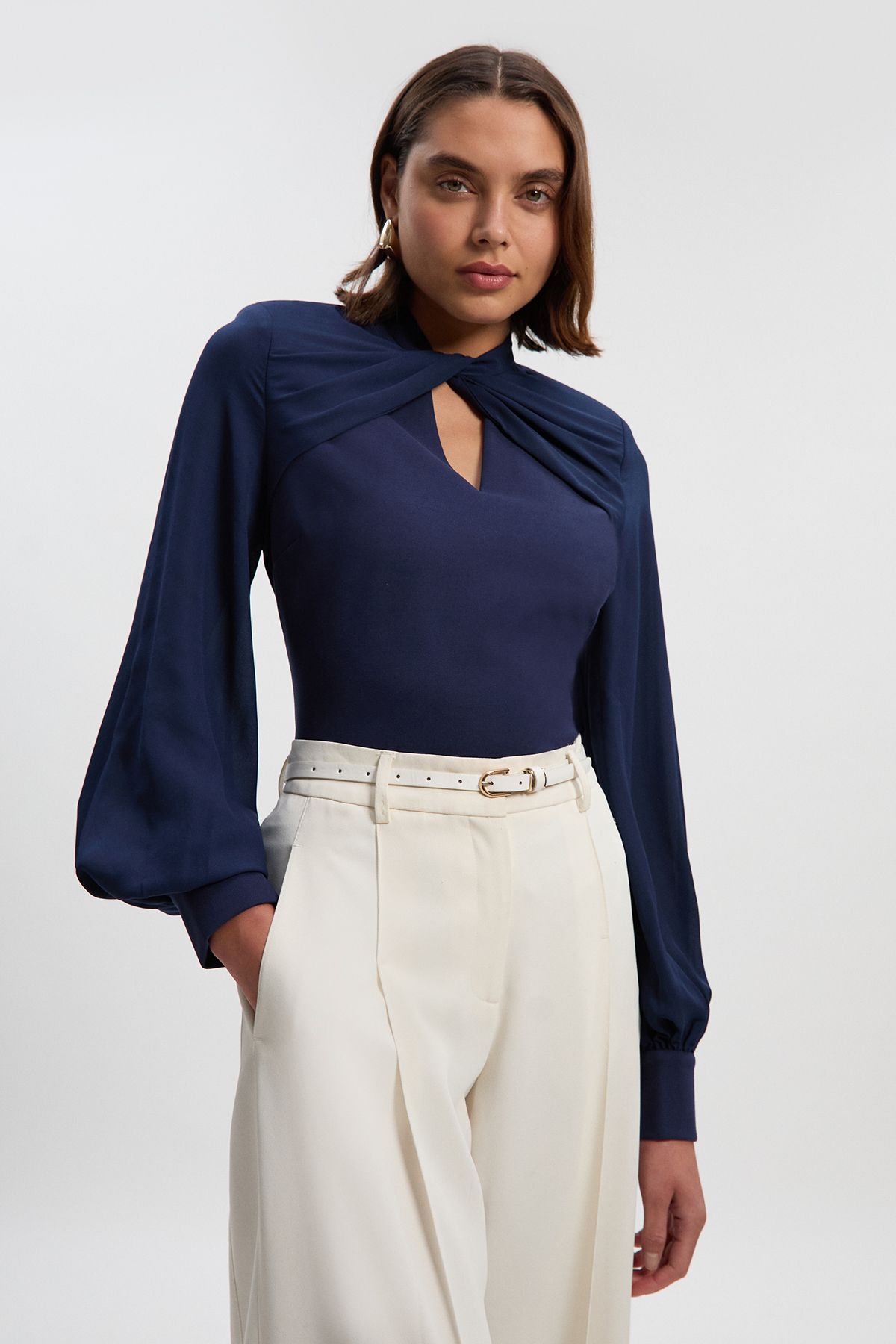 KarenMillen Ponte And Georgette Mix Balloon Sleeve Cut Out Detail Top