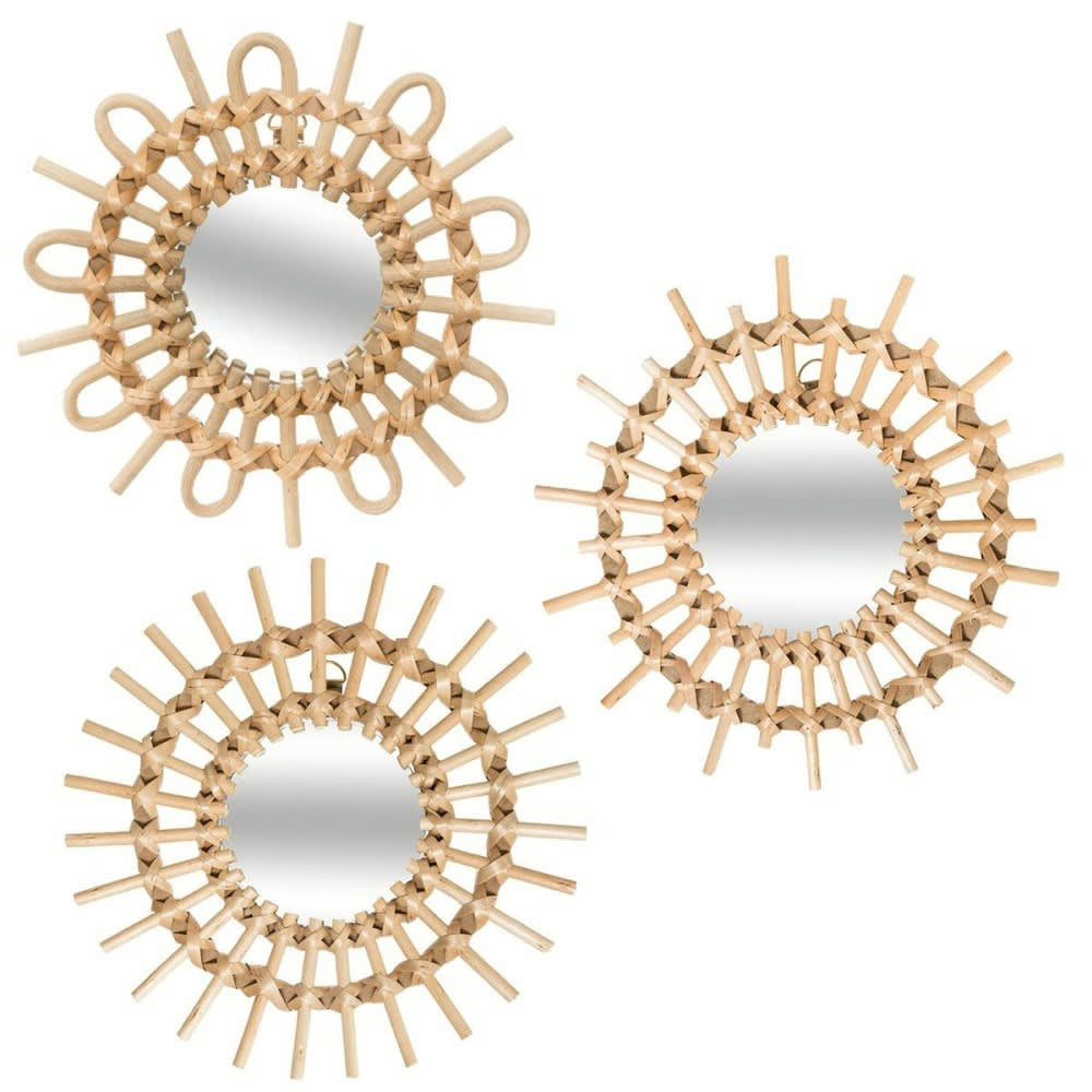 - Lot de 3 miroirs rotin soleil D28cm