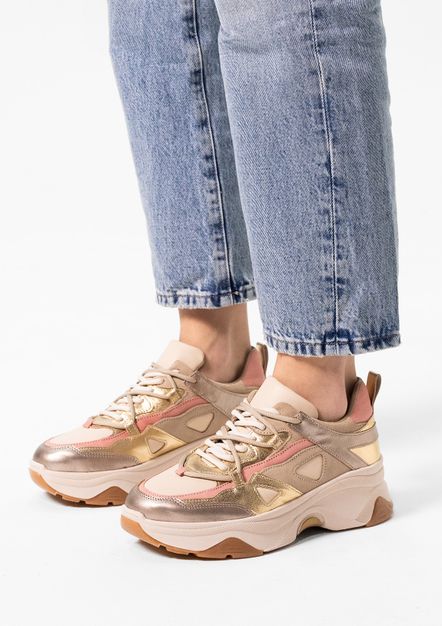 Gouden leren platform sneakers met suède details