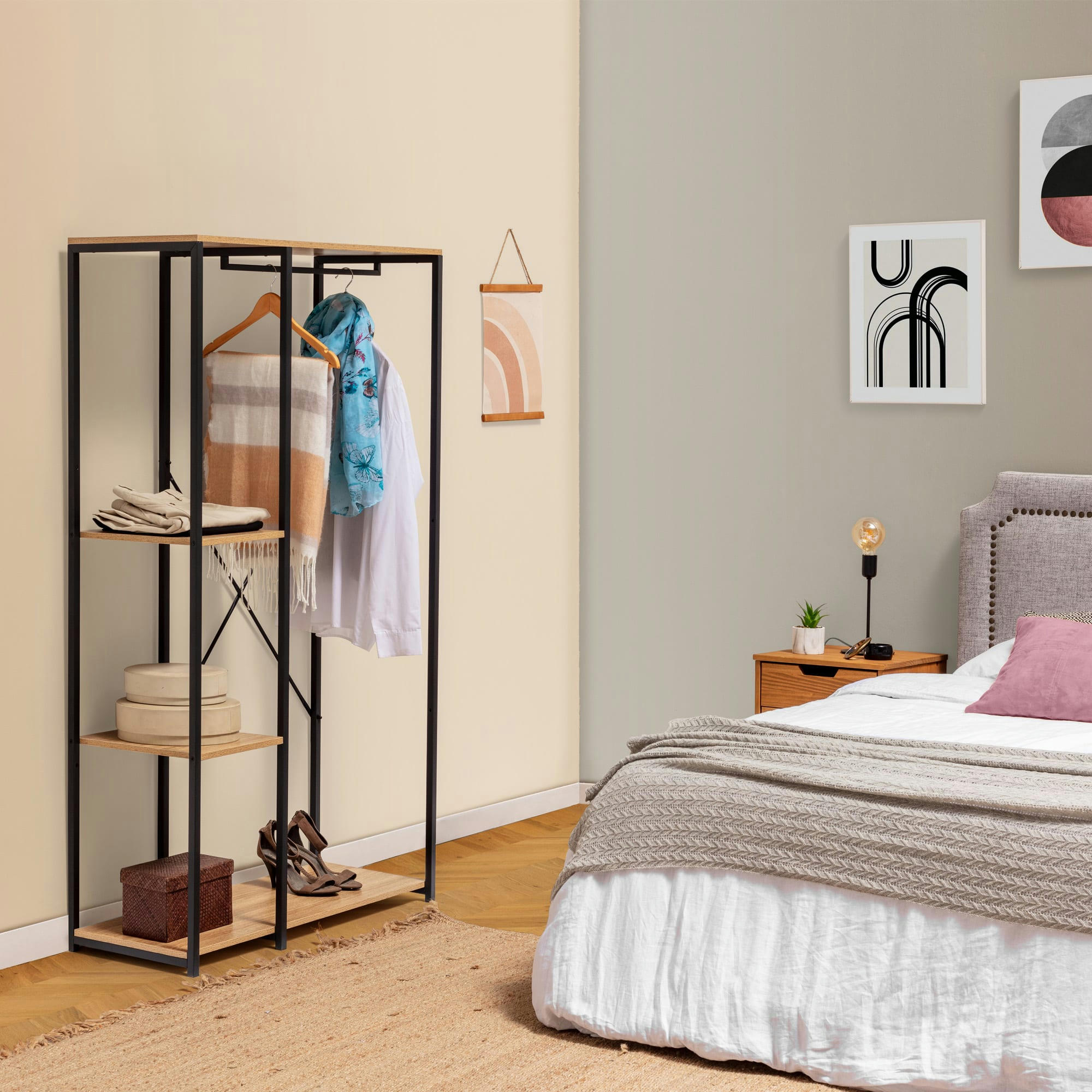 LOLA - Portemanteau avec étagère avec banc 3 étagères, couleur chêne/noir