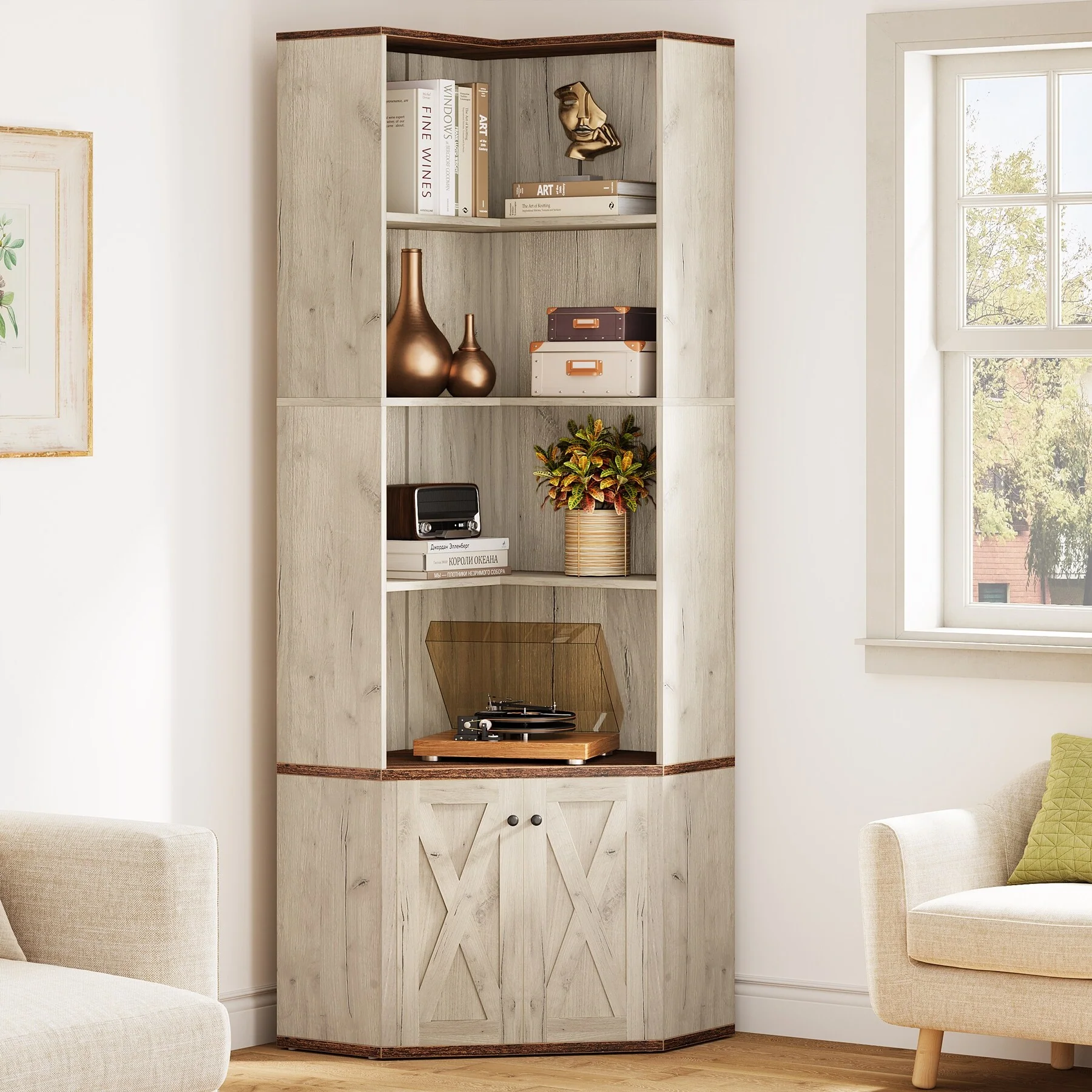Industrial L-Shaped Corner Shelf Bookcase with Hidden Cabinet