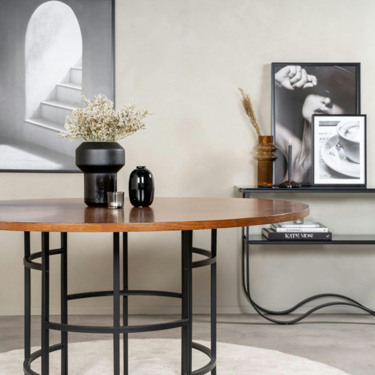 COPPA - Table à manger moderne cylindrique avec plateau en bois marron