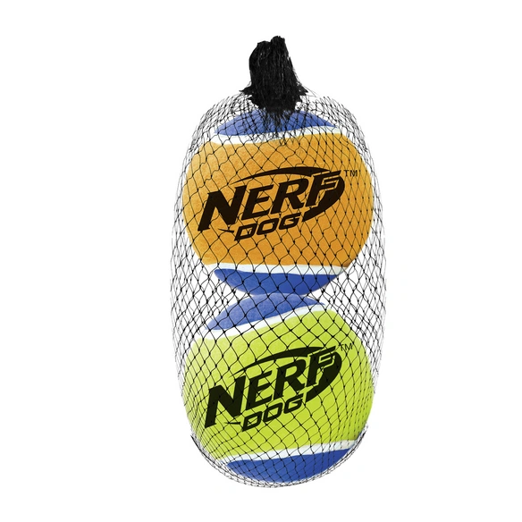 Spielball, Tennisbälle mit Quietscher, orange/blaugelb, Gr. L, für Hunde