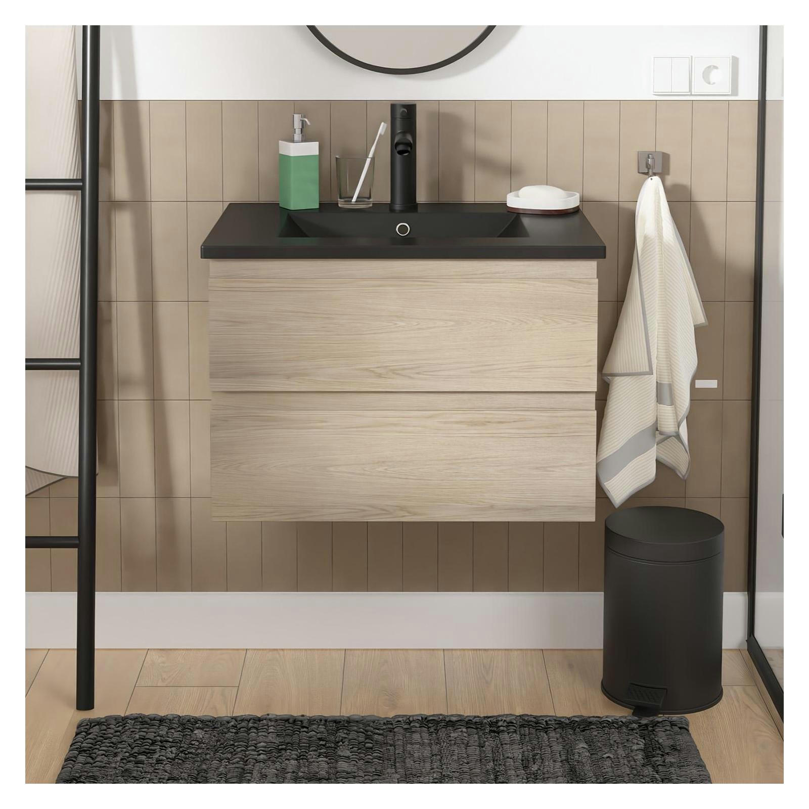 SORRENTO - Meuble simple vasque 60cm  décor chêne naturel + vasque noire +robinet