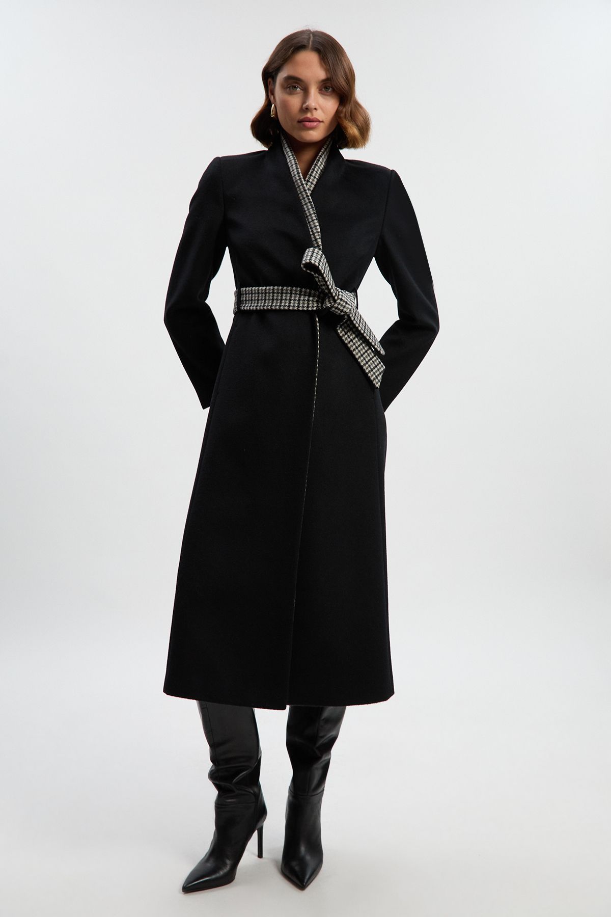 KarenMillen Brushed Wool Houndstooth Mix Belted Wrap Neck Tailored Midi Coat