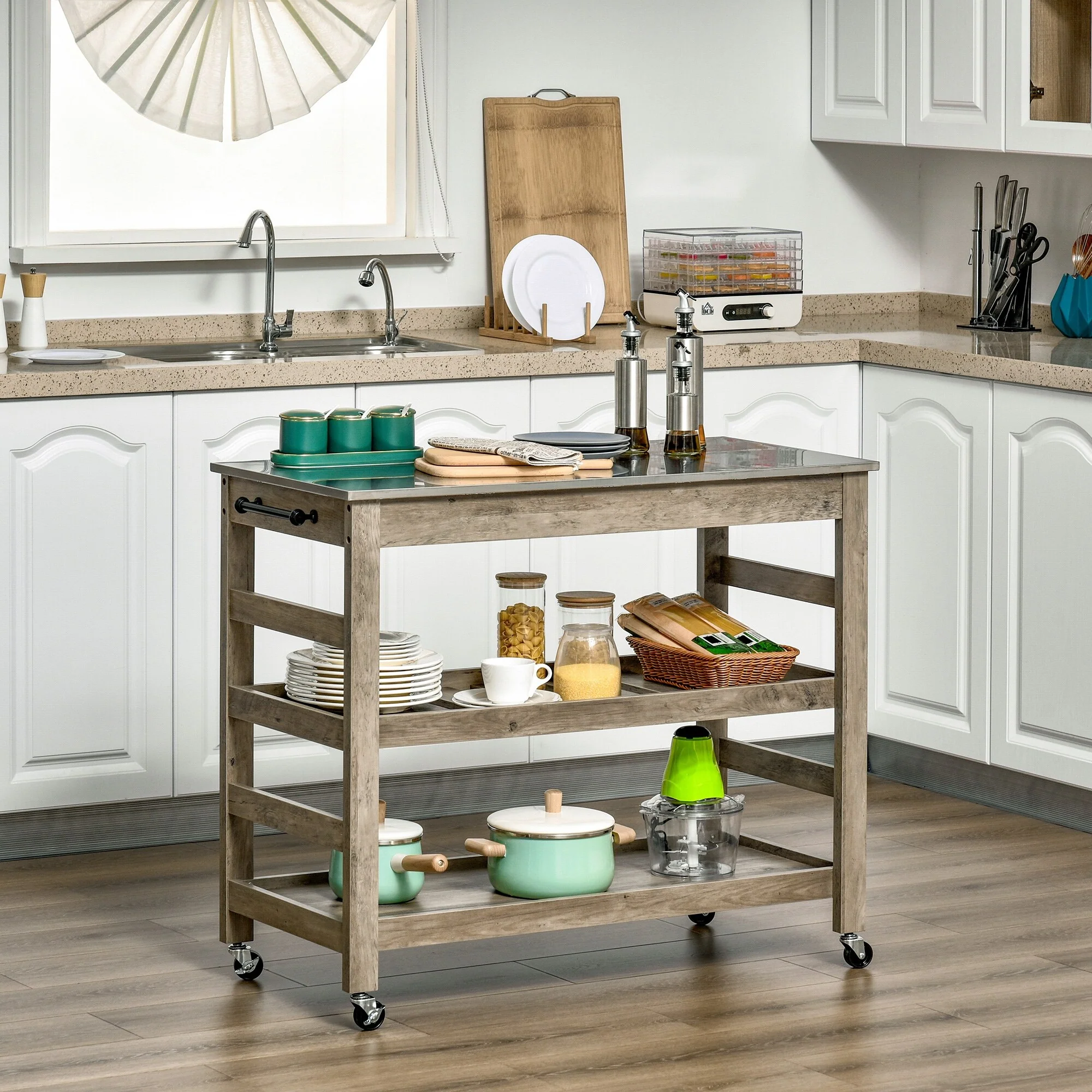 Rolling Kitchen Cart with Stainless Steel Countertop, 1 Bottom Shelf, 1 Slotted Middle Shelf and 4 Castor Wheels