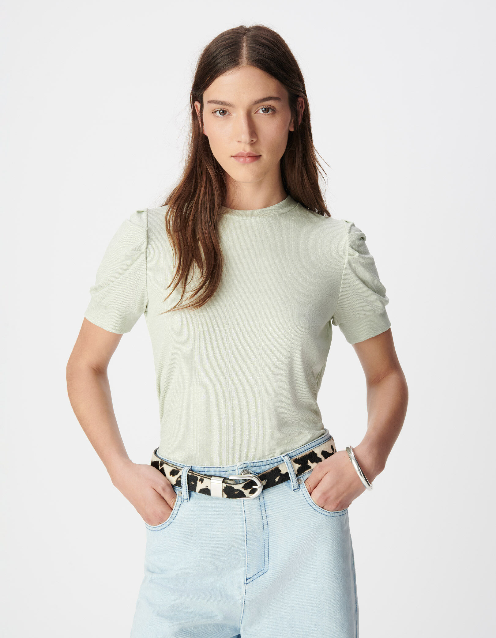 Tee-shirt col rond vert pailleté manches froncées Femme
