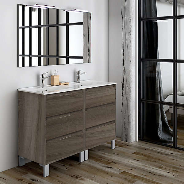 Ensemble meuble de salle de bain 120cm double vasque   colonne de rangement TIRIS - britannia (chêne foncé)