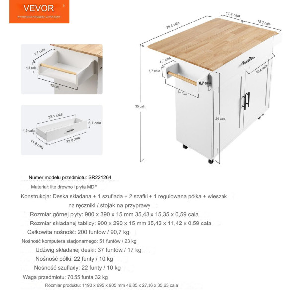 Wyspa kuchenna stół barowy regał szafka kredens na kółkach 119x70cm