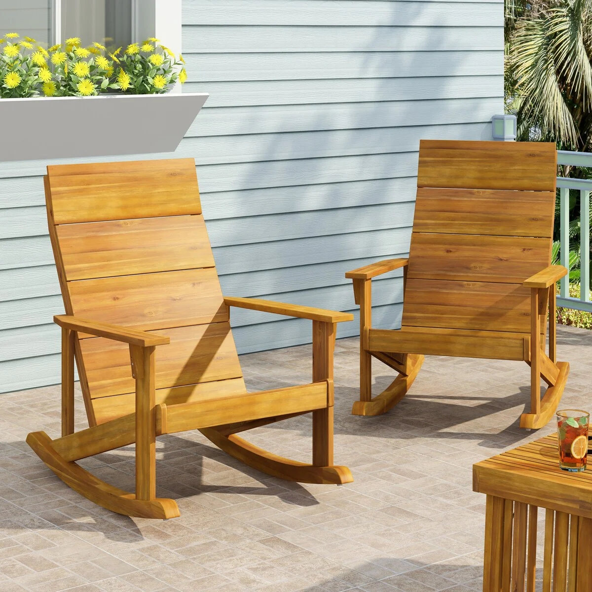 Set of 2 Wooden Outdoor Teak Finish Adirondack Rocking Chair