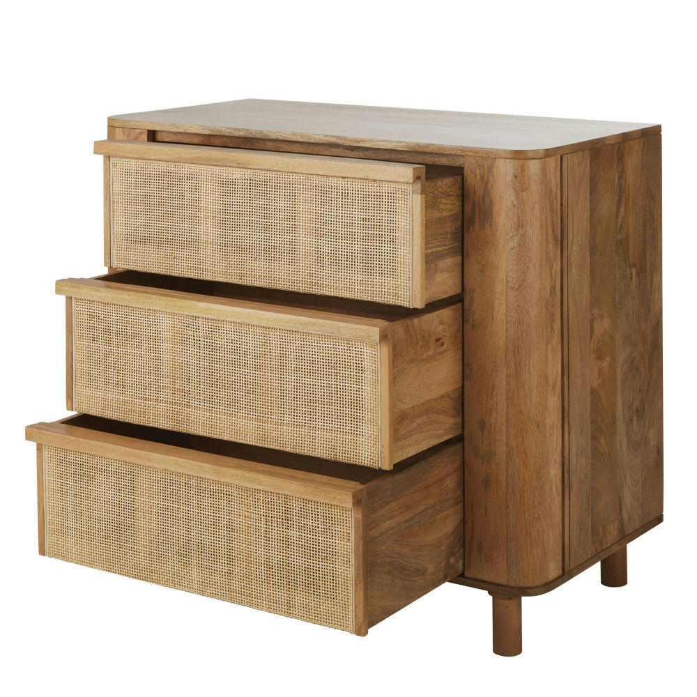 Viro - Commode haute 3 tiroirs en bois de manguier massif et fibre végétale beige