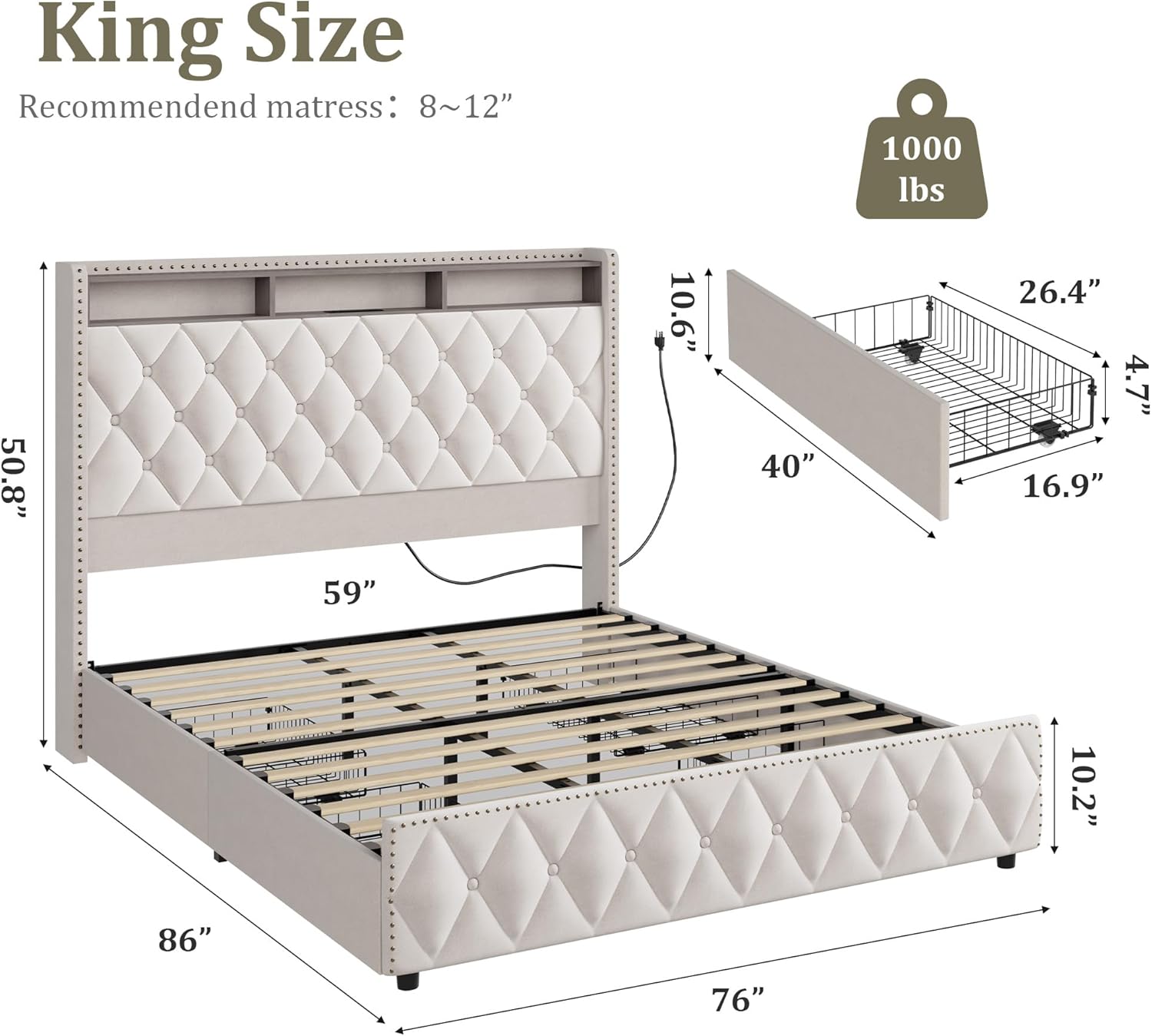 GarveeHome King Size Bed Frame with 50.8 in Tall Headboard, Platform Velvet Upholstered Bed Frame with 4 Storage Drawers, USB Charging Station, Led Lights, No Box Spring Needed, Easy Assembly, Beige