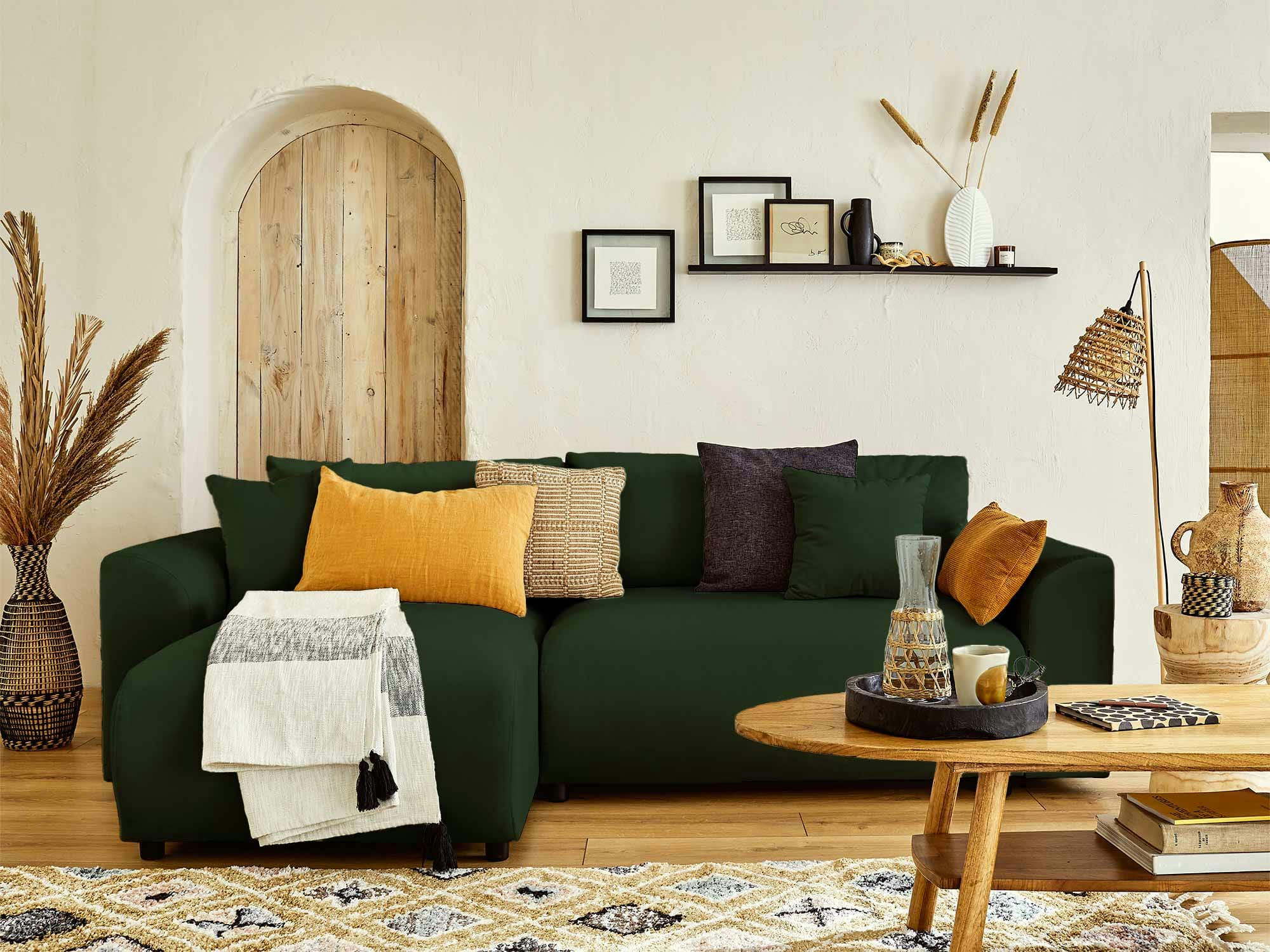 CAMELIA - Canapé d'angle réversible convertible 4 places en velours vert