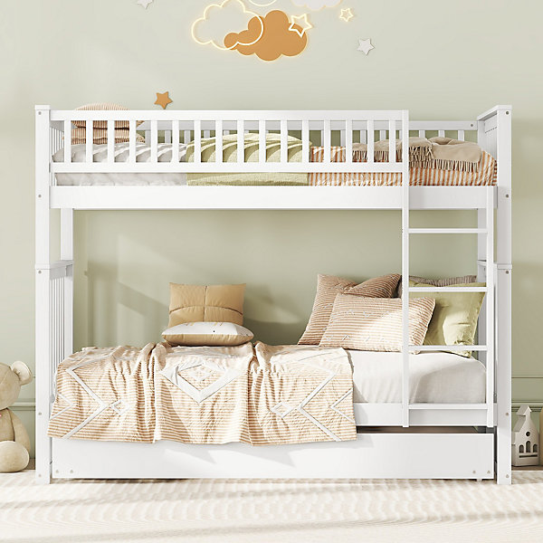 Lit superposé 90x200 cm avec lit gigogne et échelle intégrée en pin blanc, modulable, gain de place