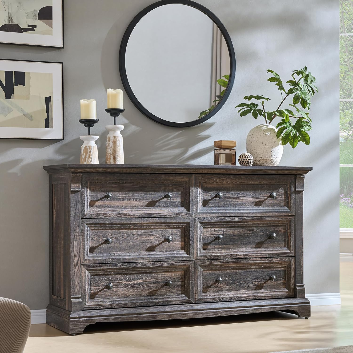 Farmhouse 6 Drawers Dresser for Bedroom, 54 Wide Large Dressers & Chests of Drawers w/Roman Column, Wooden Dresser TV Stand with Large Drawers for Nursery Bedroom Living Room Hallway,Dark Rustic Oak