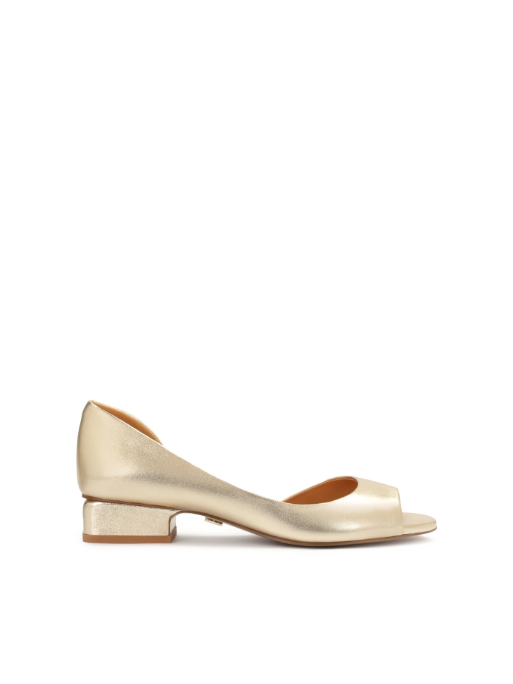 Gold peep toe pumps with low heel
