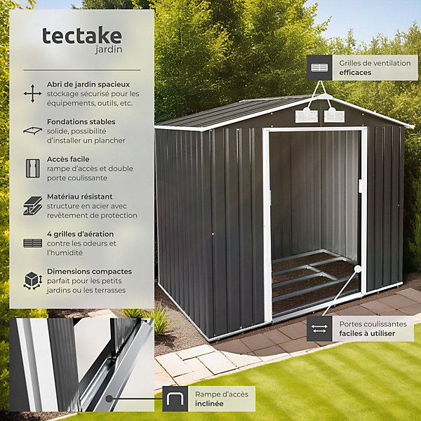 Abri de jardin 2,7 m² avec 4 ouvertures en tôle d'acier gris et blanc