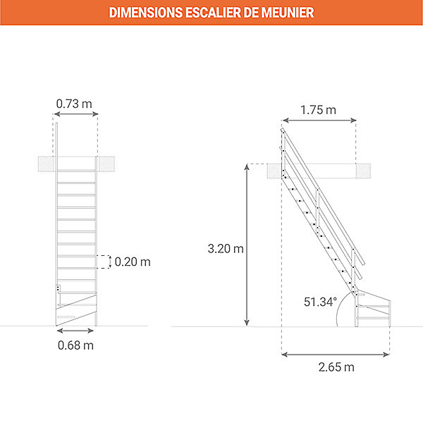 Escalier de meunier 13 marches - Hauteur à franchir 3.20m - Largeur 0,68 - 1 main-courante - COTTAGEJ-LG-320