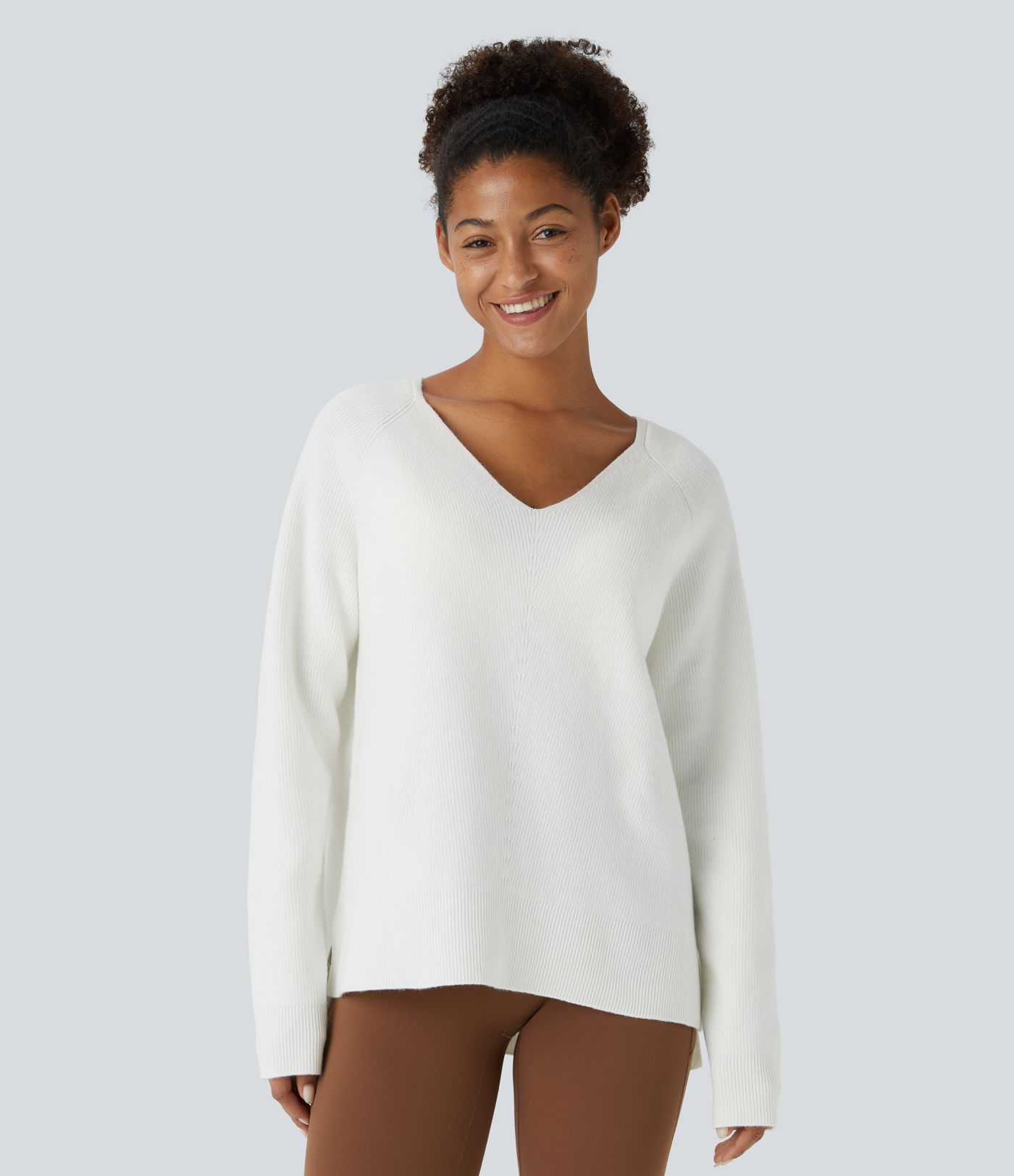 Pull décontracté fendu à col en V et manches longues