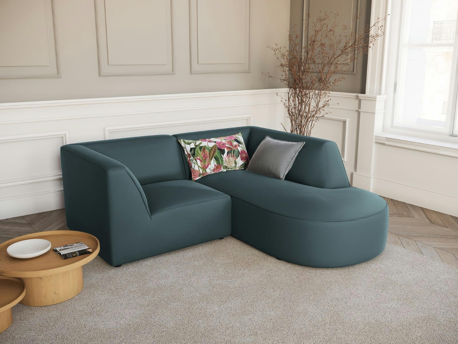 CHARLES - Canapé D'Angle Droit 3 places en Velours Bleu