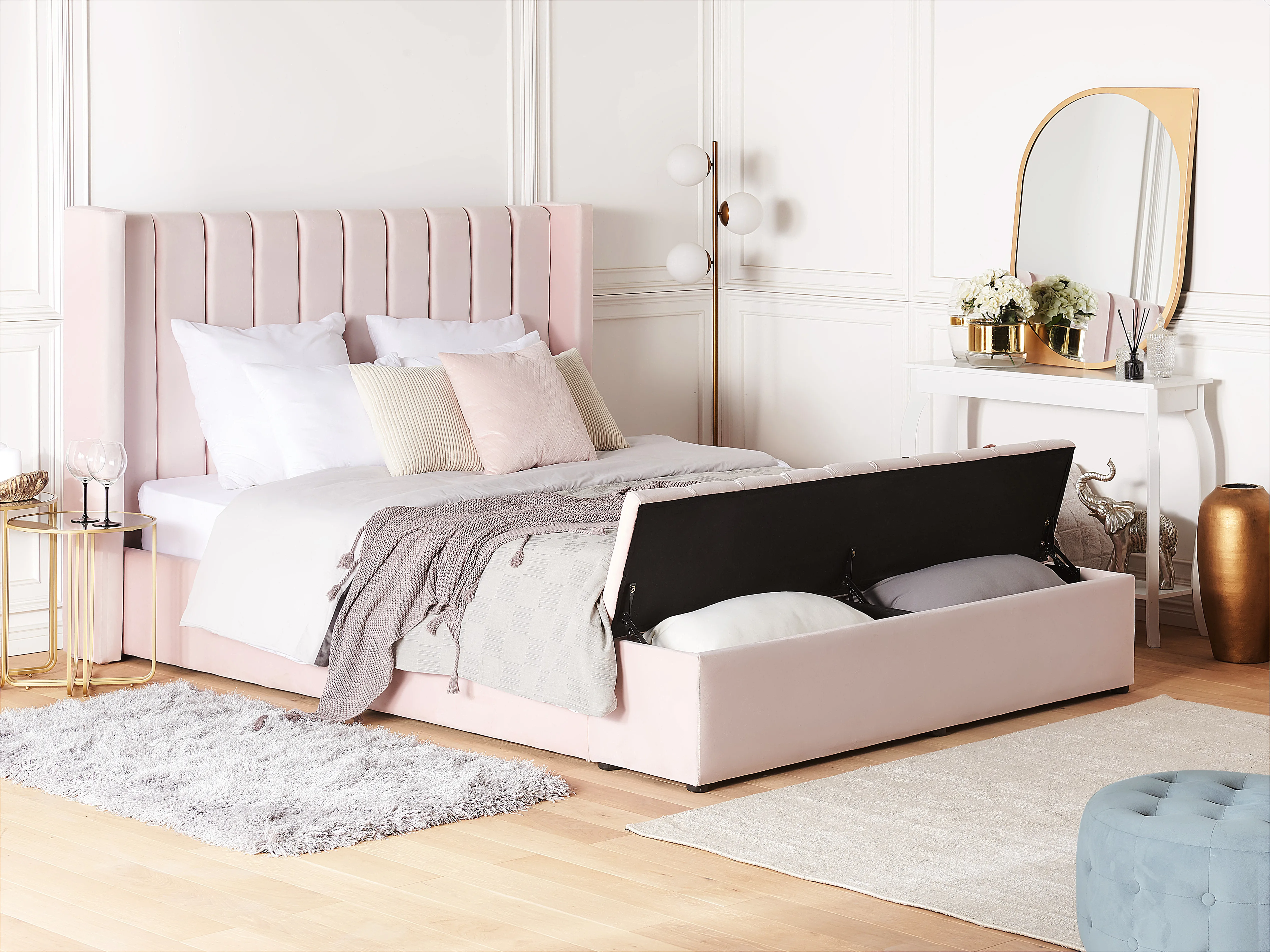 Waterbed with Storage Bench Velvet NOYERS 180 x 200 cm (EU Super King) Pastel Pink