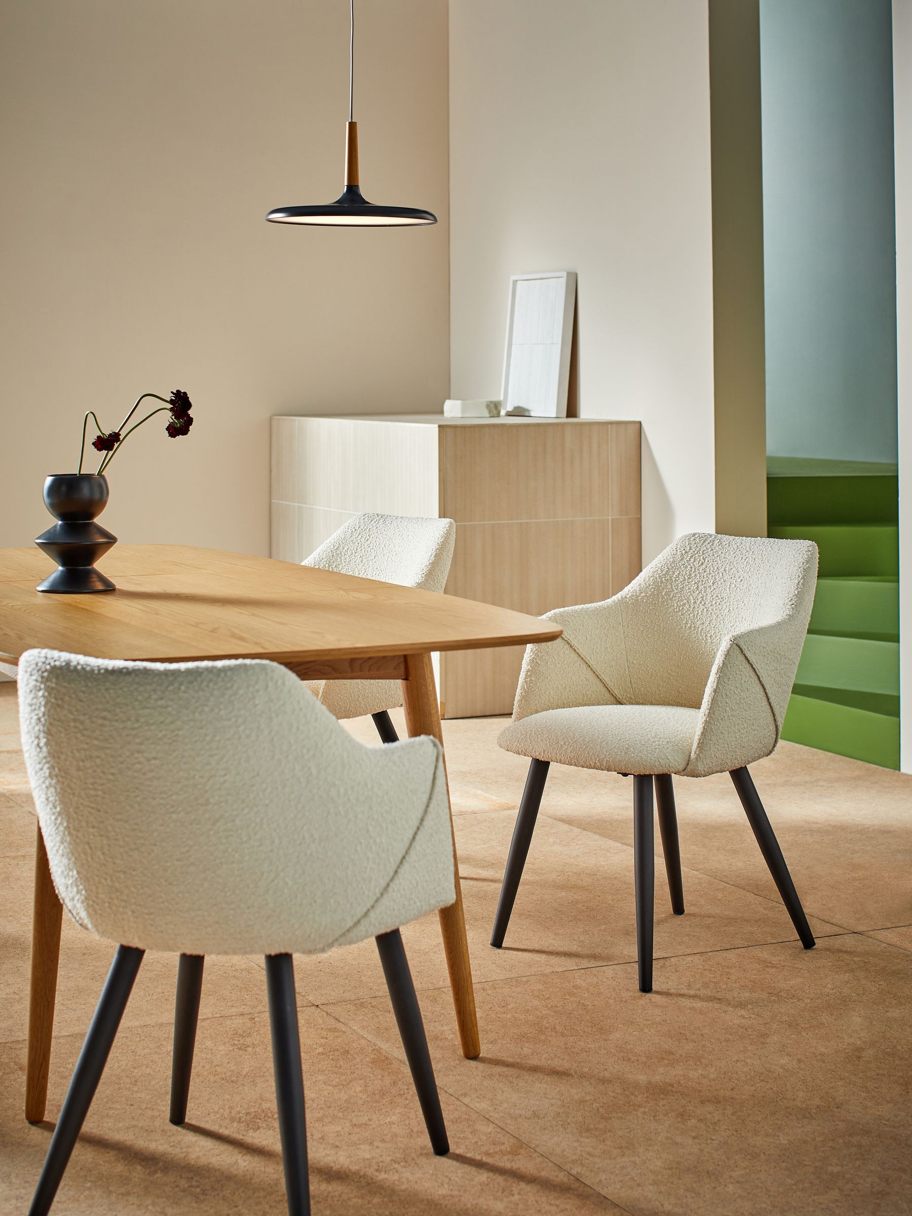 Set of 2 White Boucle and Black Legs Lule Arm Dining Chairs