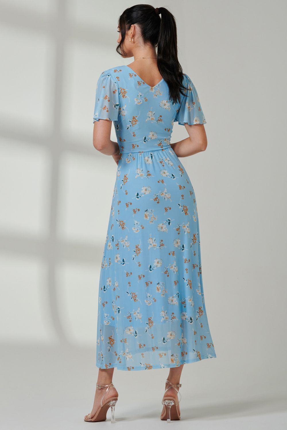 Jolie Moi Gracelyn Wrap Front Mesh Maxi Dress