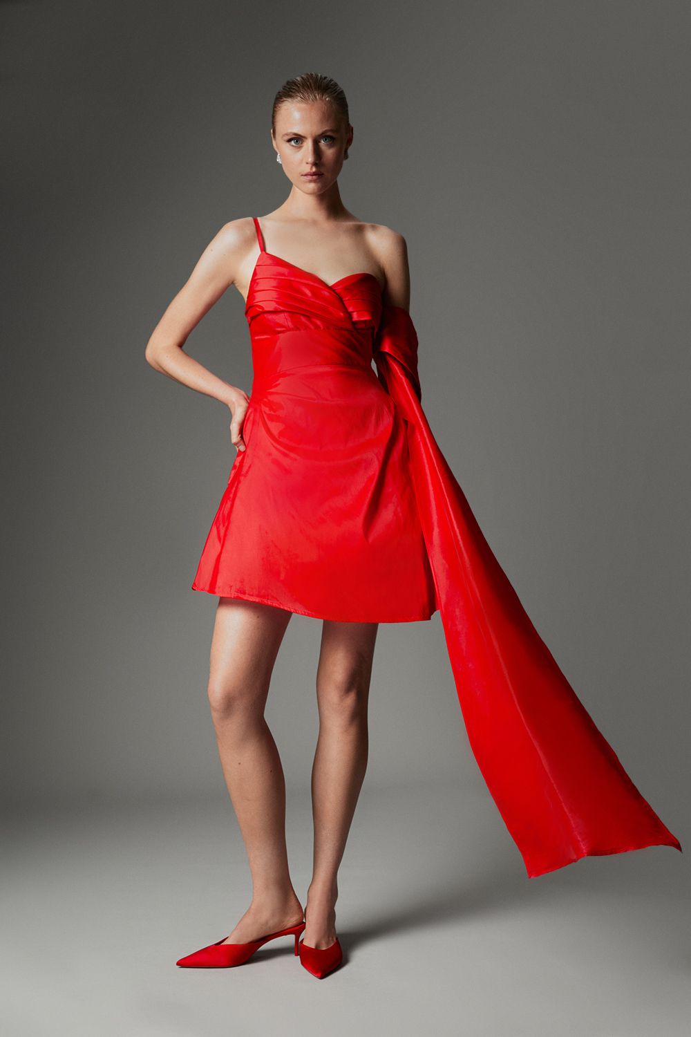 KarenMillen Archive Collection - Petite Taffeta Draped Shoulder Mini Dress