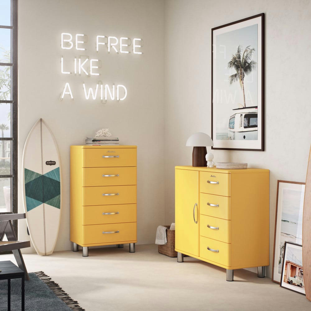 MALIBU - Buffet vintage 1 porte 4 tiroirs L98cm jaune