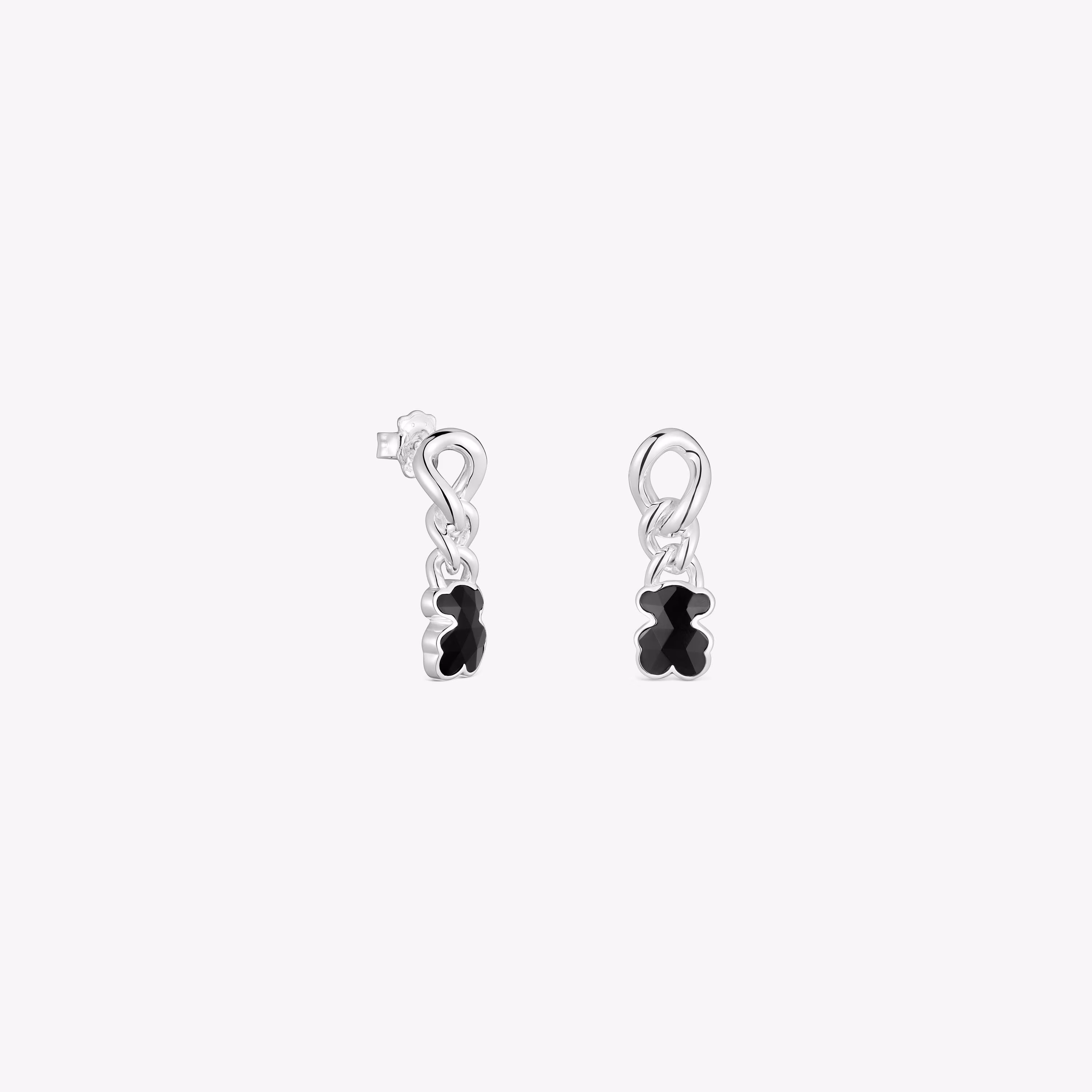 Pendientes cortos oso de plata y ónix Icon Color