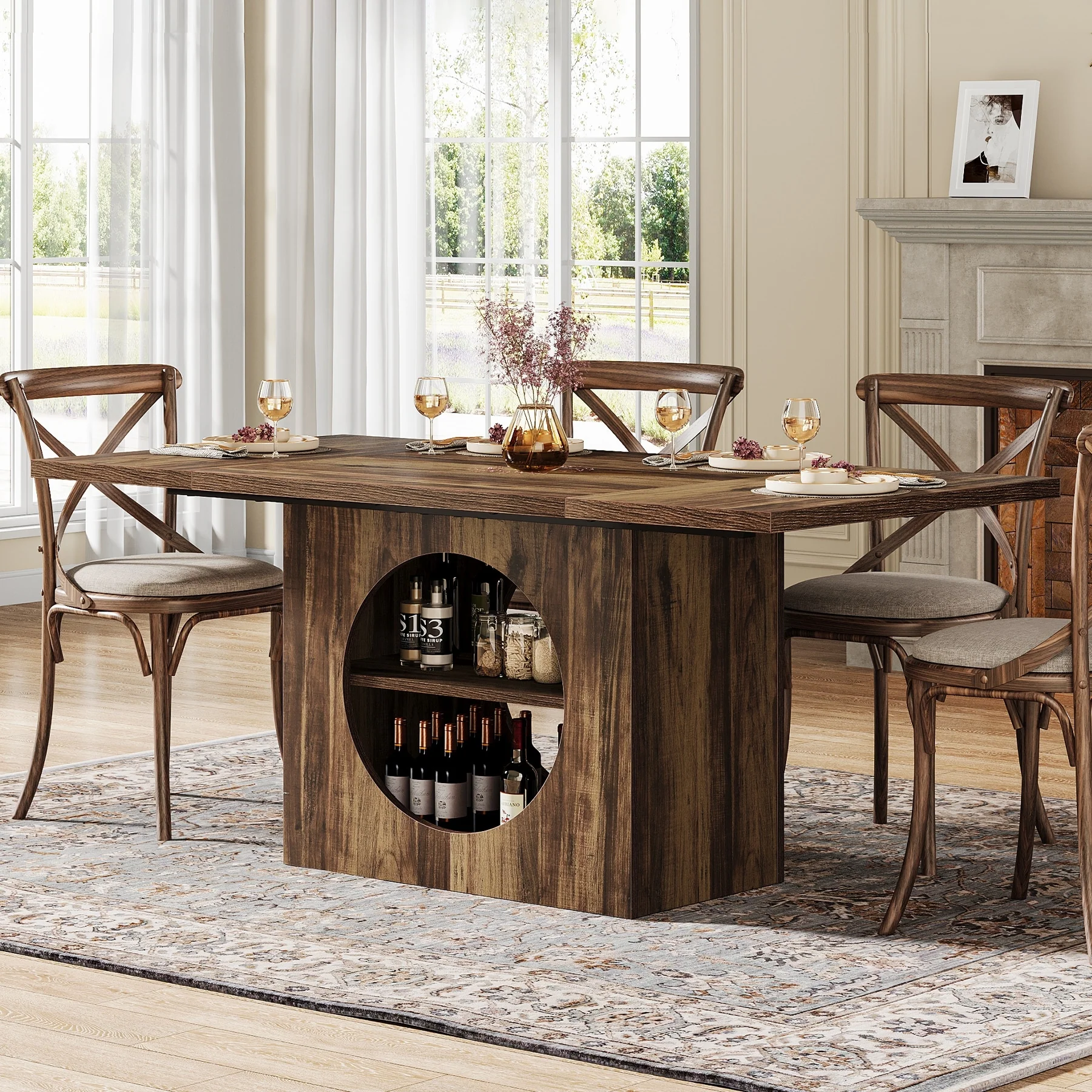 63 Rectangular Dining Table with Storage, Wood Kitchen Table for 4-6