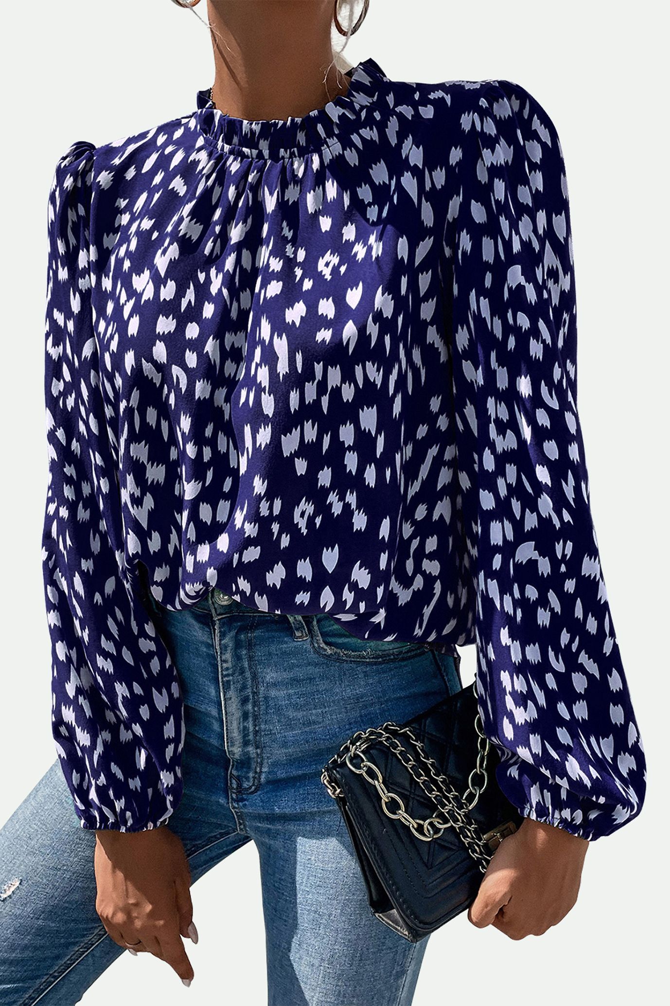 FS Collection Animal Print Frill Detail High Neck Top In Navy