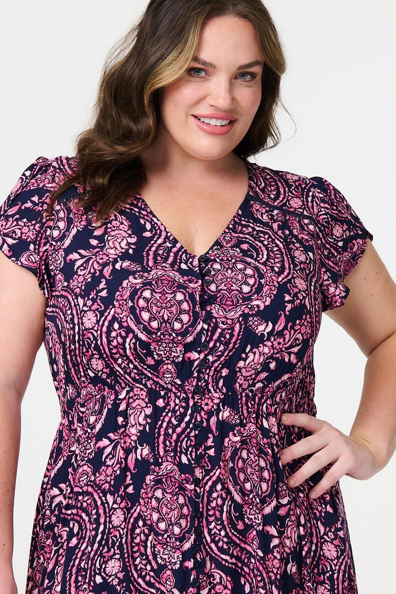 Izabel London Printed Short Sleeve Lace Trim Midi Dress
