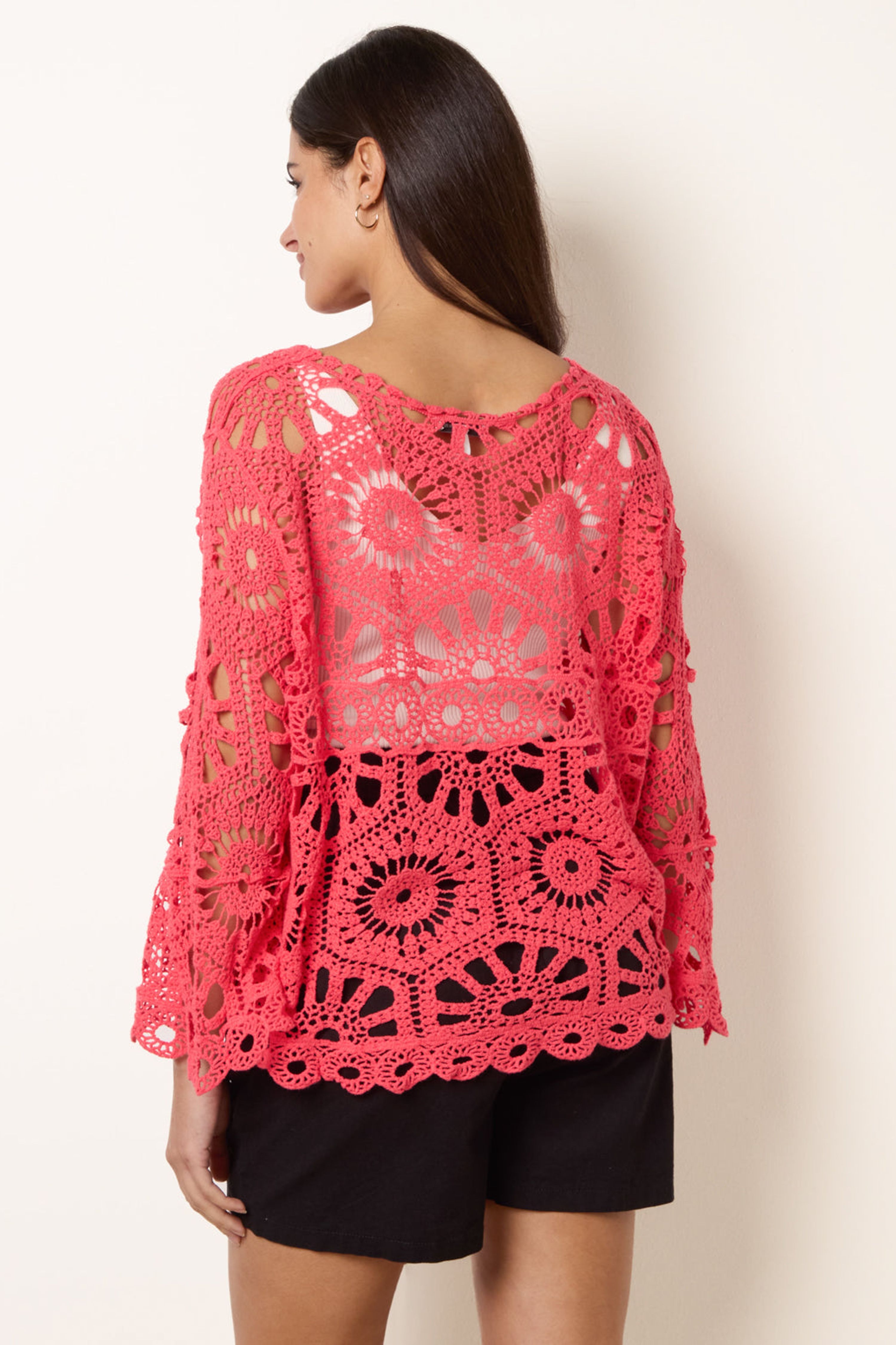 Blue Vanilla Coral Crochet Top With Flared Sleeves